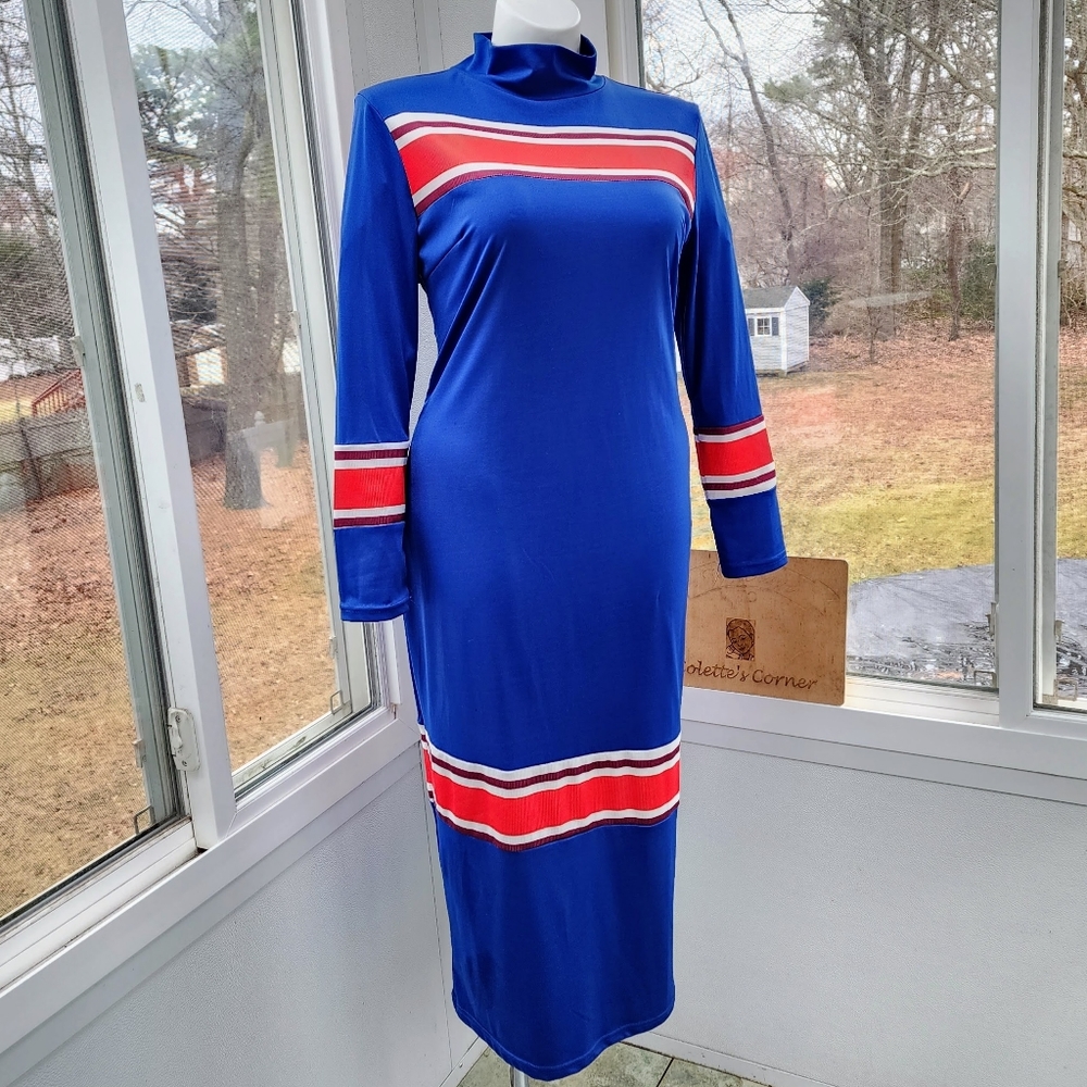 Royal Blue Red & White Ribbed Striped Mock Neck Maxi Column Knit Dress - Picture 10 of 16